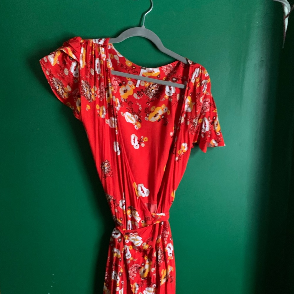 Red floral wrap tie dress
